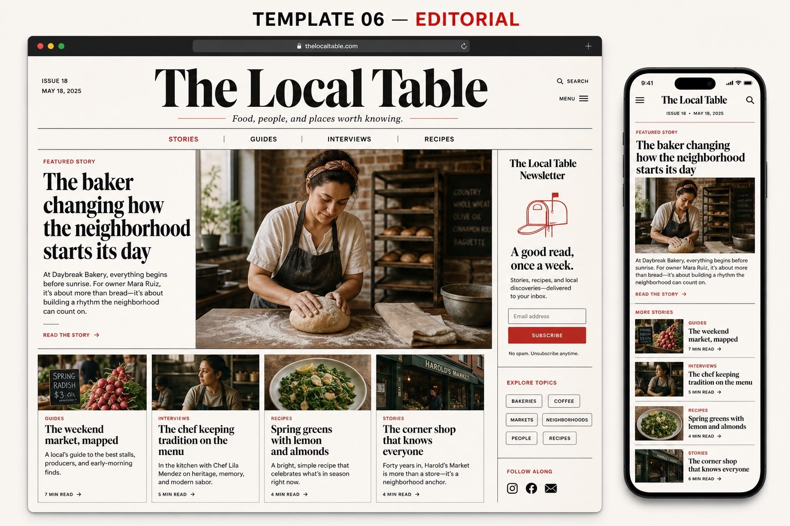 Desktop and mobile editorial website concept for The Local Table