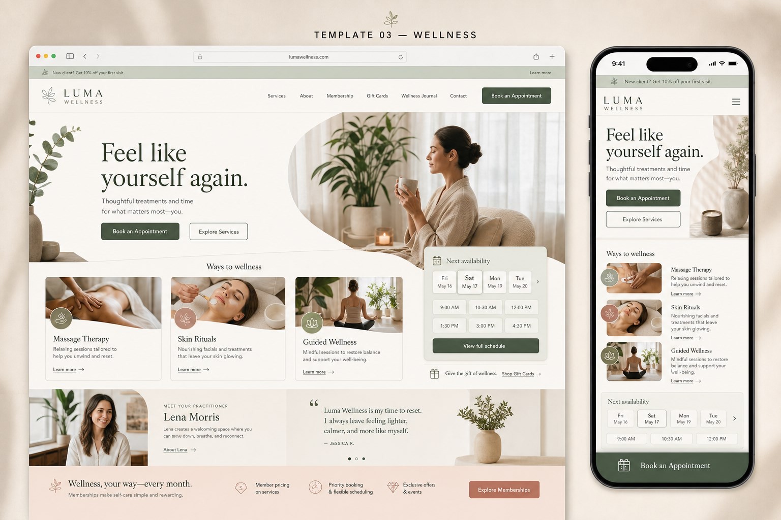 Desktop and mobile wellness website concept for Luma Wellness