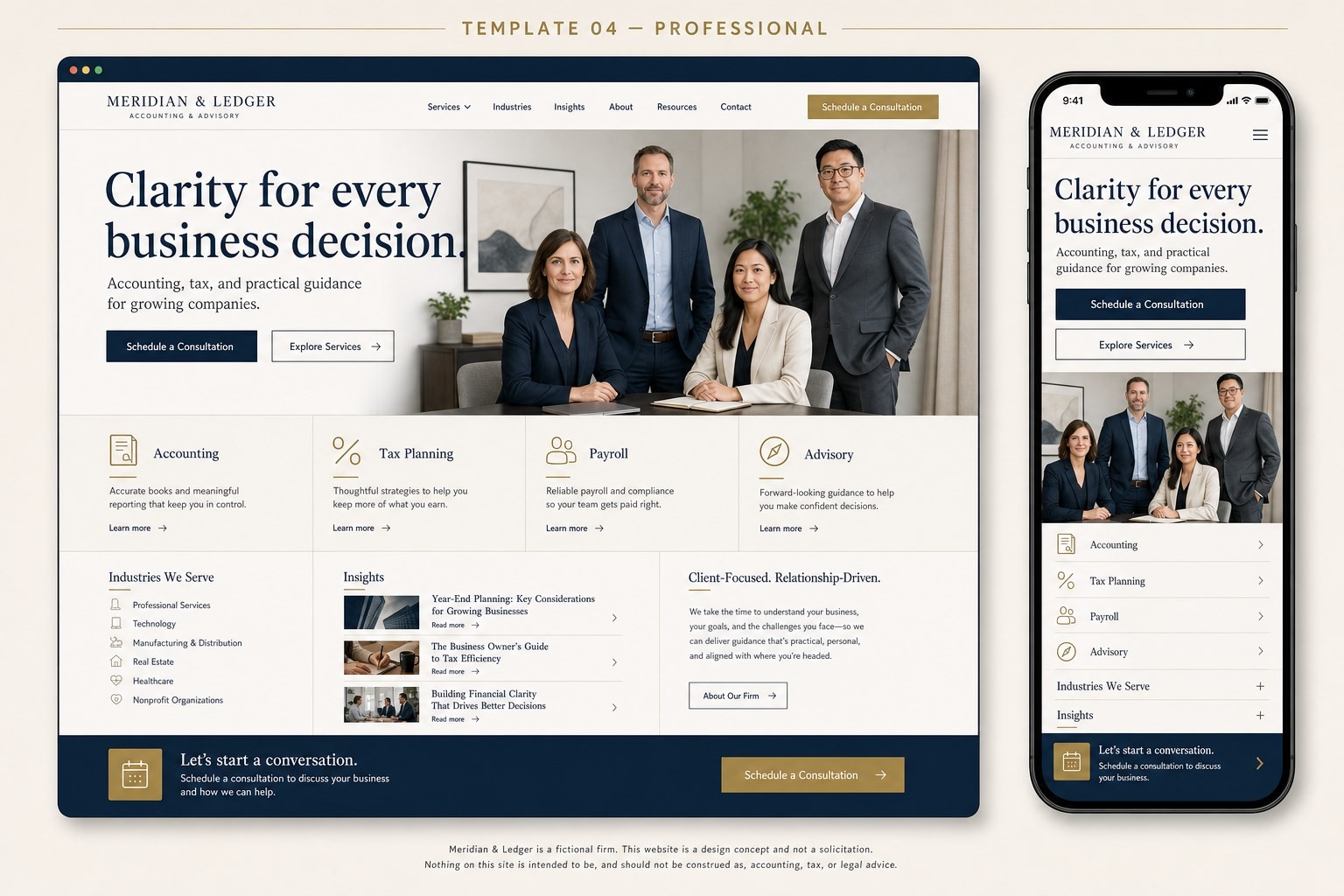 Desktop and mobile accounting website concept for Meridian and Ledger