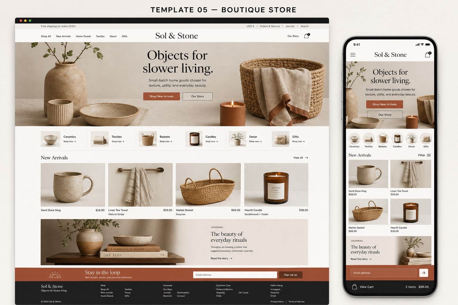 Desktop and mobile boutique store website concept for Sol and Stone